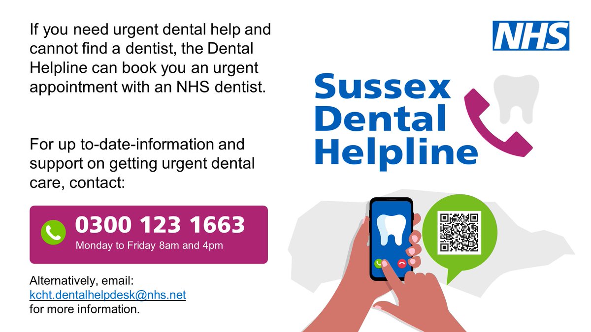 If you're experiencing a dental emergency and can’t find a dentist, the Sussex Dental Helpline is here to help. They can assist you in booking an urgent NHS dental appointment.

📞 0300 123 1663 Monday to Friday, 8 AM to 4 PM
✉️ kcht.dentalhelpdesk@nhs.net for more information