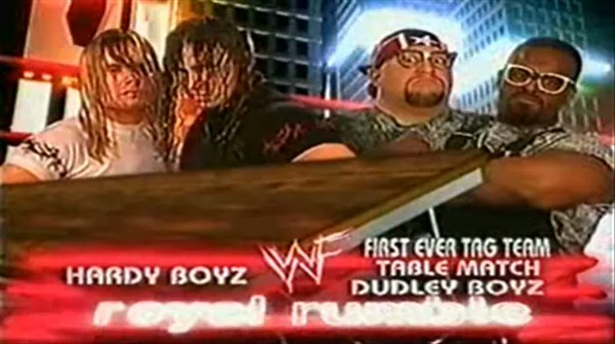 wrestle_hist's tweet photo. 1/23/2000
The Hardy Boyz defeated The Dudley Boyz in a Tables Match at the Royal Rumble from Madison Square Garden in New York City, New York.
#WWF #WWE #RoyalRumble #TheHardyBoyz #MattHardy #JeffHardy #TheDudleyBoyz #BubbaRayDudley #DVonDudley #TablesMatch https://t.co/i5osfffMpK