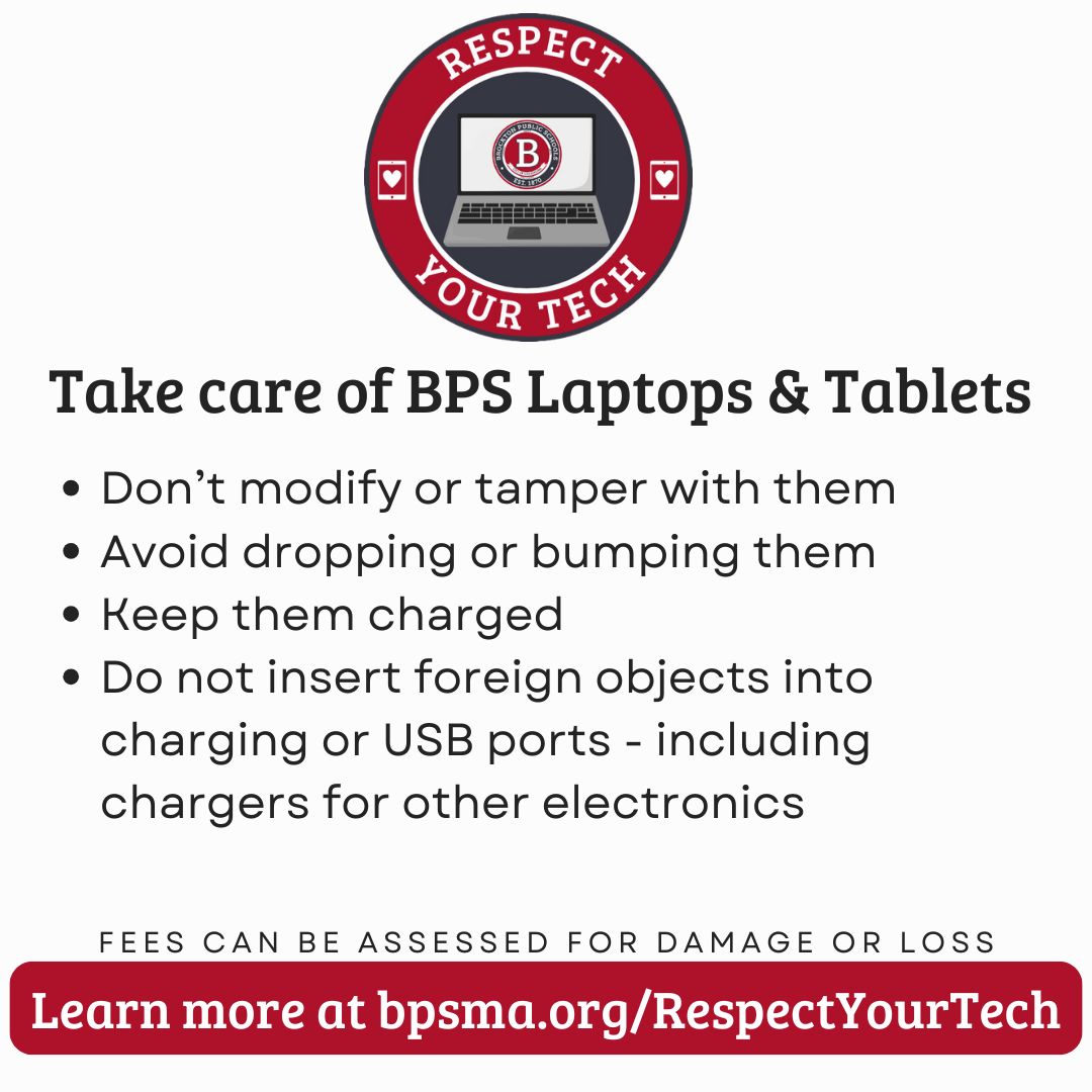 BrocktonSchools's tweet photo. Some may call them memes, we call them helpful visual guides for students as we make the call to Respect Your Tech and keep BPS laptops and tablets safe. https://t.co/k2rLXNZD7u