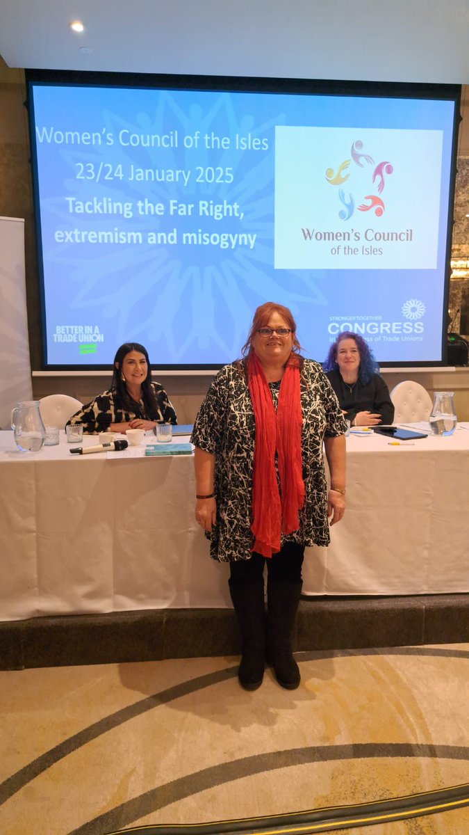 irishcongress's tweet photo. Powerful interventions on tackling violence against women, misogyny, and the Far Right at today’s Women’s Trade Union Council of the Isles in beautiful Derry. Weather cutting deliberations short but not impacting the determination of delegates to keep up the fight #GenderEquality https://t.co/29csoPJDN1