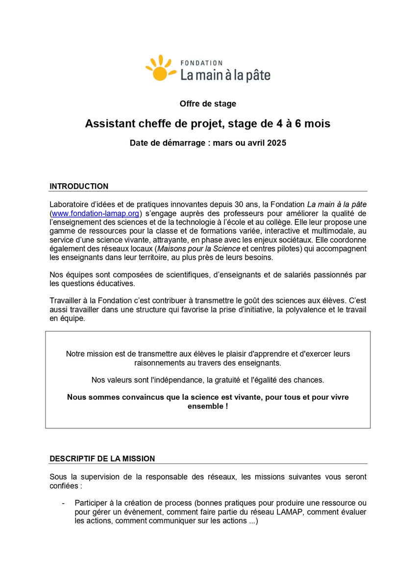 Fondation_Lamap's tweet photo. ✨ [#offredestage] ✨
Rejoignez  nous !
📍Stage assistant(e) chef(fe) de projet, dès mars/avril, Paris 6e
💡Missions : gestion d'appels à projets &amp; suivi administratif
👩‍💻 Profil : Bac+4/5
🎁 Avantages : Tickets resto, 50 % Navigo.
👉 Candidature ici : https://t.co/bjVxoekBSH https://t.co/Yjo394uhYe
