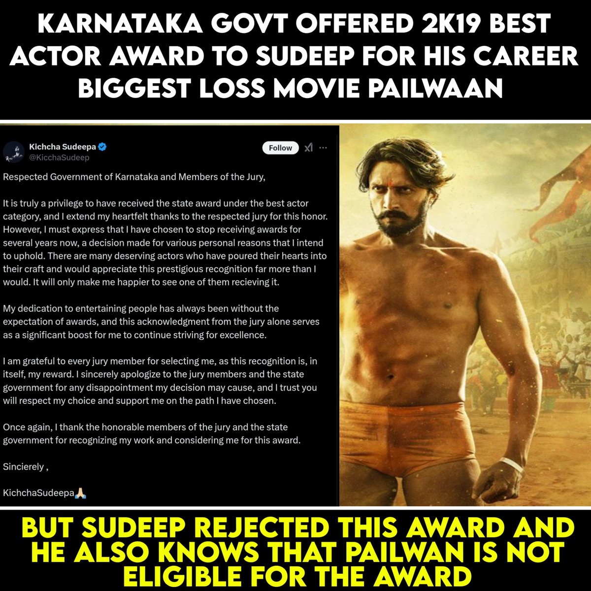 Dalapathy_Here's tweet photo. Badushaaa #KicchaSudeep Rejected It Like How Audience Reject His Movies ♥️

#SudeepAcceptStateAward 
#MaxtheMovie #Dboss #Pailwaan https://t.co/g60MLSTpce