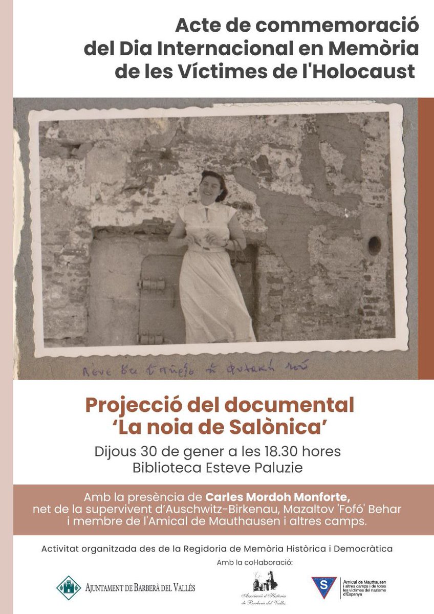 🕯 Barberà commemora el Dia Internacional de les Víctimes de l'Holocaust amb la projecció d'un documental.
🕯 Enguany, s'ha programat la projecció del documental La noia de Salònica.
Dijous 30 de gener a les 18.30 hores a la Biblioteca Esteve Paluzie 

🔗 tuit.cat/4mbud