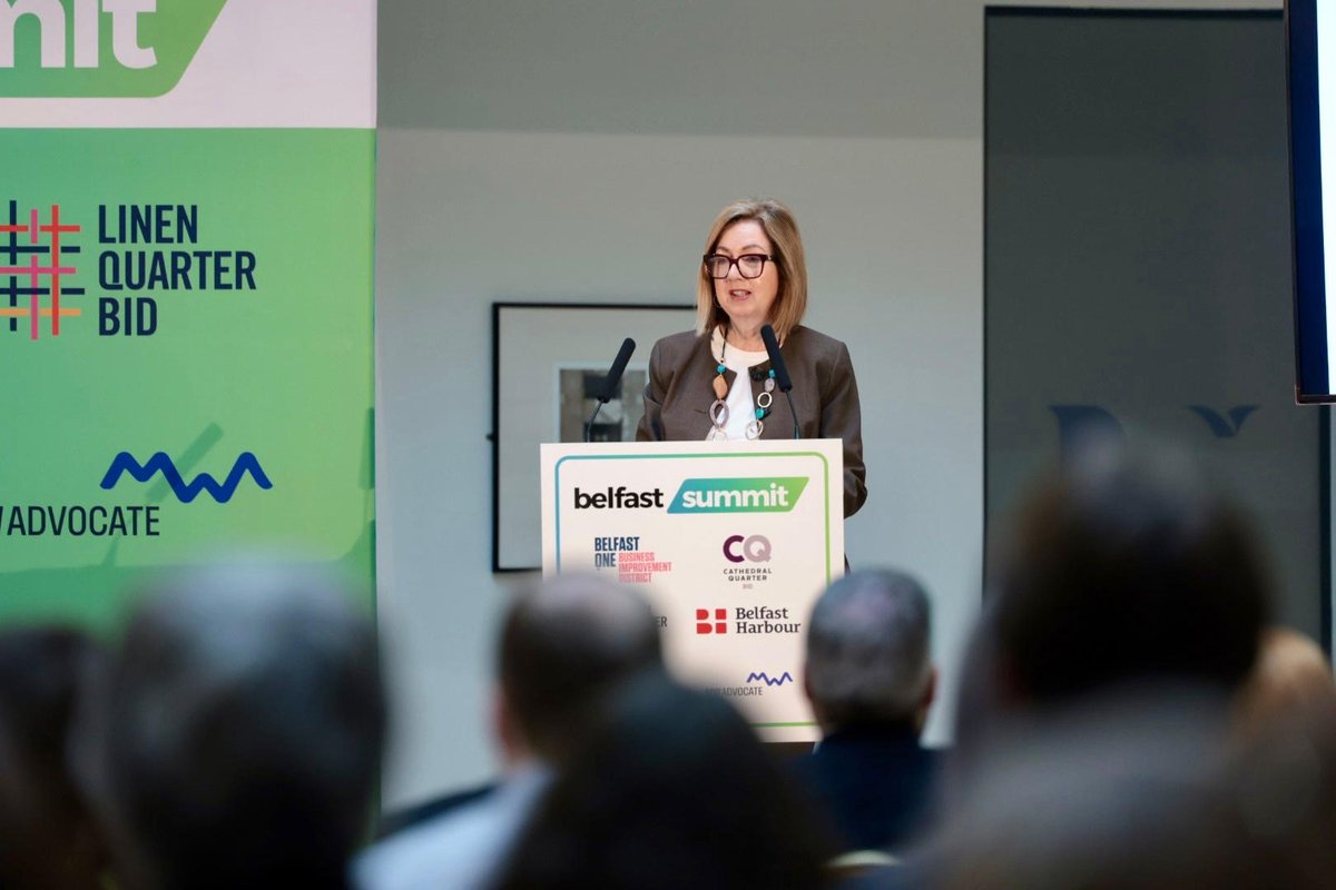 BelfastHarbour's tweet photo. A fantastic morning's speeches at @UlsterUni for the 2025 #BelfastSummit, including Chair of Belfast Harbour Commissioners Dr Theresa Donaldson and Belfast Harbour CEO Joe O’Neill who discussed our role in supporting Belfast and the wider region with becoming a vibrant place to live and work.

Well done to all involved in bringing this fantastic event to Belfast!