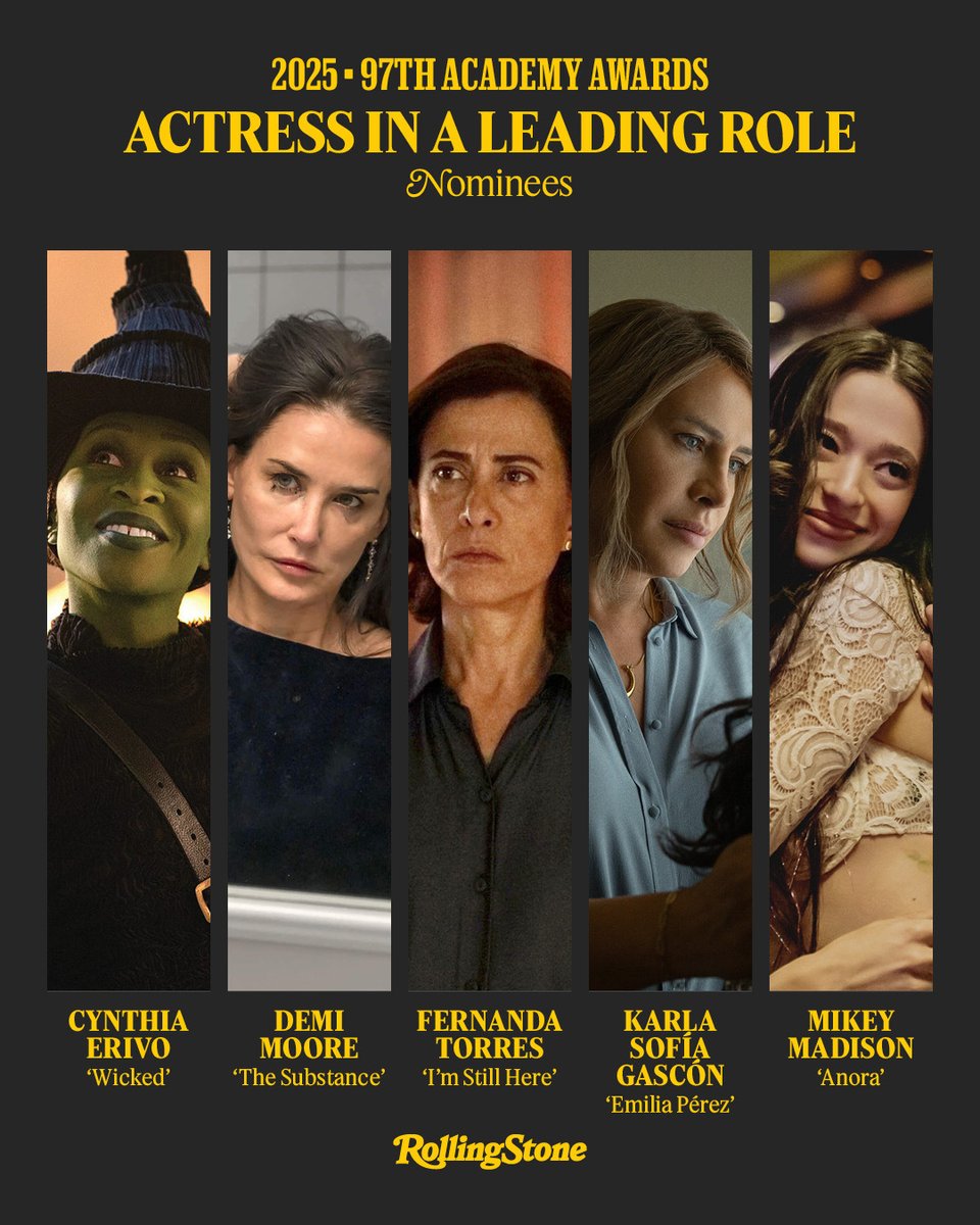 RollingStone's tweet photo. #OSCARS NOMINEES — BEST ACTRESS

Cynthia Erivo — Wicked
Demi Moore — The Substance
Fernanda Torres — I’m Still Here
Karla Sofía Gascón — Emilia Pérez
Mikey Madison — Anora

Full list: https://t.co/HNdjvTqSt1 https://t.co/FrrYJUeVoD