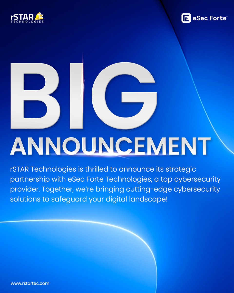 rSTARTec's tweet photo. 🚀 Exciting News! 🚀
We’re joining forces with eSec Forte Technologies, a leading cybersecurity provider, to bring next-level cybersecurity solutions to our customers. This strategic partnership strengthens our commitment to delivering secure, seamless, and future-ready digital transformation across industries like Manufacturing, Energy, Utilities, and CPG.

 Together, we offer advanced solutions in threat detection, incident response, cloud security, and more—helping businesses stay ahead of evolving cyber threats.

Let’s build a safer digital future—together!

📲 Learn more: https://t.co/LBQhXYYiU7 

#Cybersecurity #DigitalTransformation #rSTARTechnologies #eSecForte #SecureYourFuture #AI #Cloud #DevSecOps #Innovation