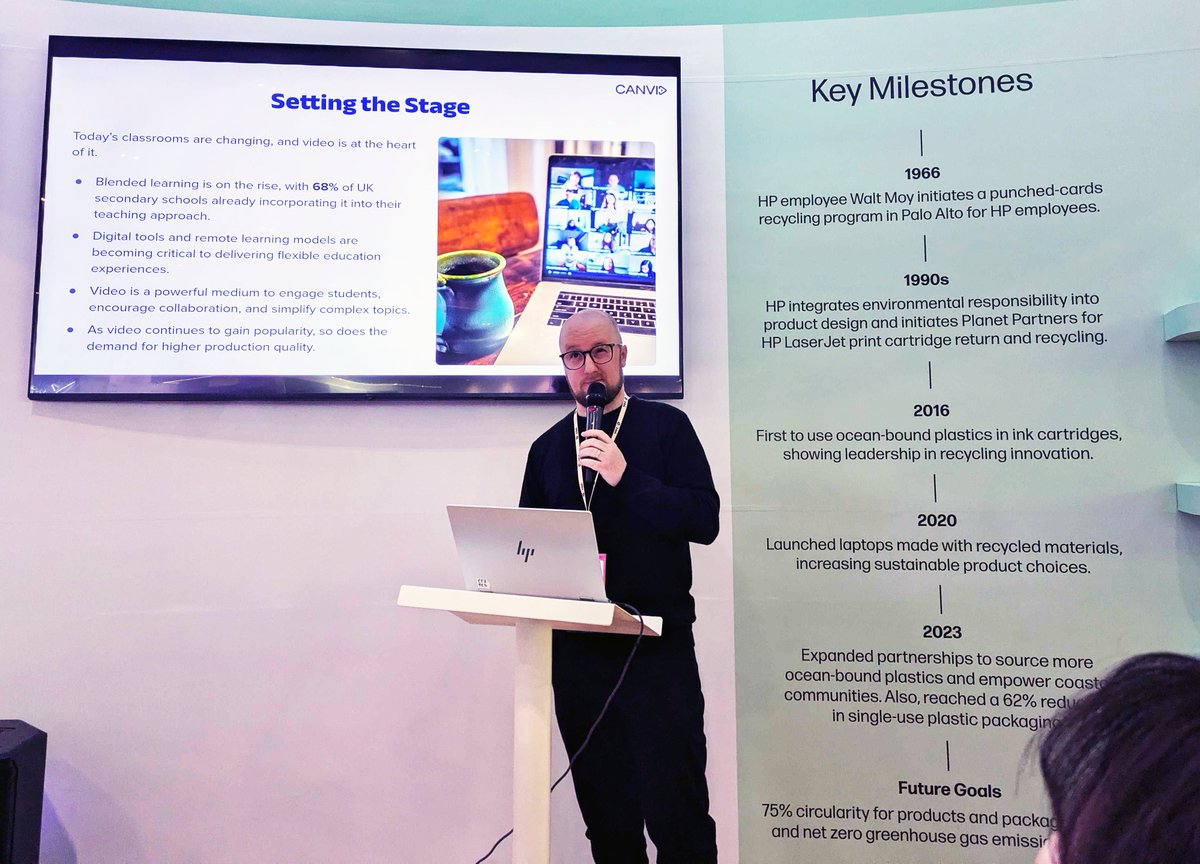 CanvidHQ's tweet photo. Head of product for CANVID, Gareth Reynolds,  talking about CANVID and the impact of video in education at the HP and Intel booth at BETT 2025.

#IntelEdu #IntelSFI #BettUK #Bett2025 https://t.co/Rv9HyjmRoy