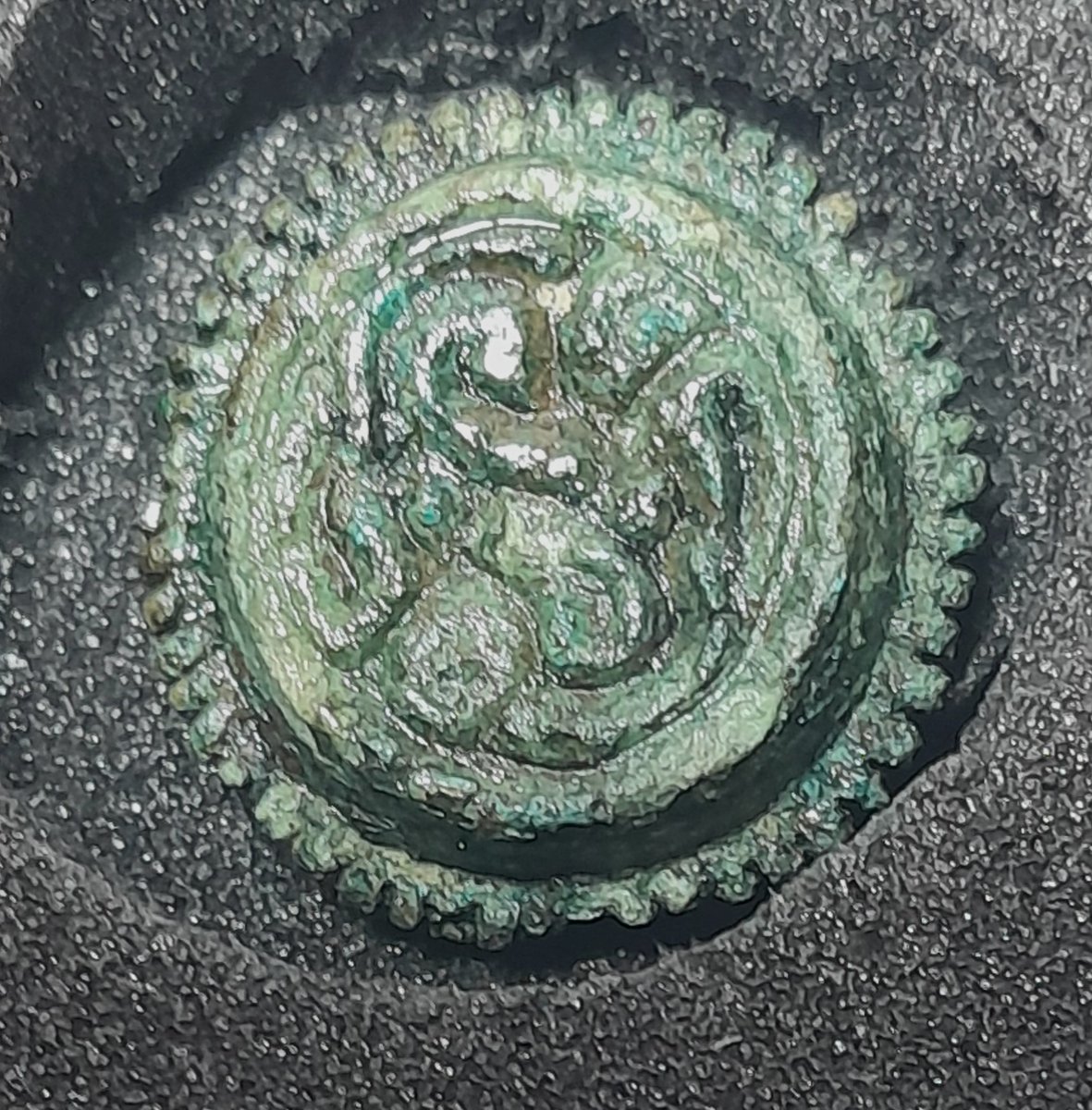 ConservationBob's tweet image. Ipswich Museum Conservation. Cleaning and stabilising 5 Frankish studs possibly from a sword. Found Rendlesham Suffolk. Cleaned and stabilised. Treated with BTA, and a lacquer under vacuum. depicting the same interlace design.