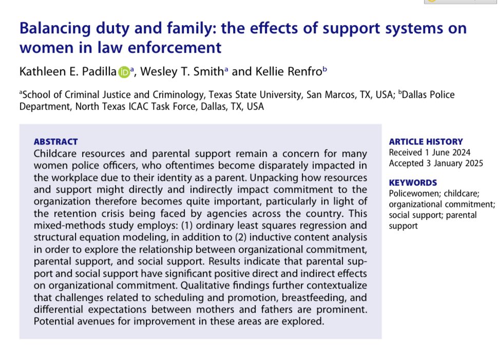 ✨NOW ONLINE: A mixed-methods study on how personal &amp; professional support (especially w/ families) impacts women’s org commitment in policing.

Spoiler: More support = more commitment

S/O to ASEBP AC/DC for making this possible!

Limited free access: bit.ly/4h2dmXO