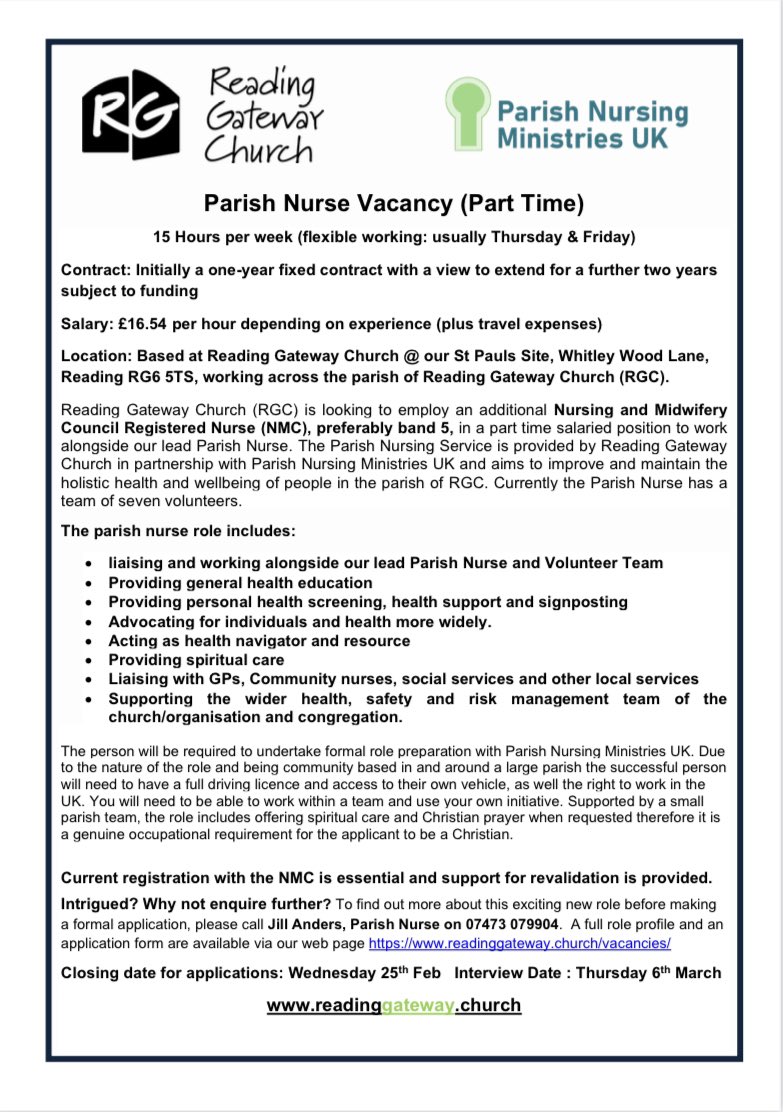 Parish Nursing UK (@parishnursinguk) on Twitter photo 📣 This fabulous part-time parish nurse vacancy is a rare opportunity to join an established parish nurse team, this time in Reading <a href="/readinggateway1/">readinggatewaychurch</a> The closing date has been extended and all the details are below. Please do RT and share, thank you! 📣 This fabulous part-time parish nurse vacancy is a rare opportunity to join an established parish nurse team, this time in Reading <a href="/readinggateway1/">readinggatewaychurch</a> The closing date has been extended and all the details are below. Please do RT and share, thank you!