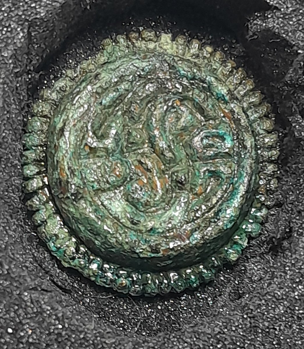 ConservationBob's tweet image. Ipswich Museum Conservation. Cleaning and stabilising 5 Frankish studs possibly from a sword. Found Rendlesham Suffolk. Cleaned and stabilised. Treated with BTA, and a lacquer under vacuum. depicting the same interlace design.