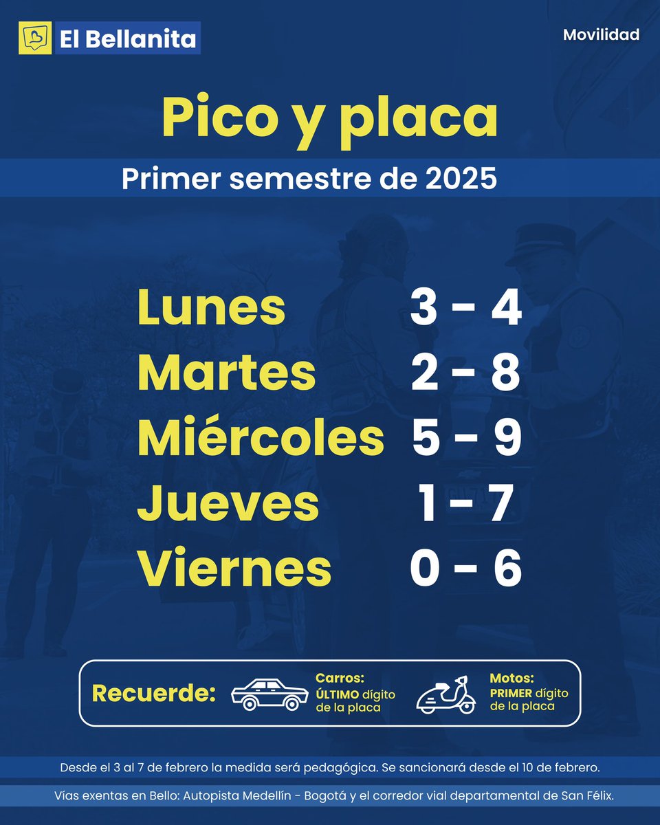 Así quedó establecida la rotación del Pico y placa para el primer semestre de 2025. 

La medida será pedagógica entre el 3 y el 7 de febrero y desde el 10 del mismo mes será sancionatoria.