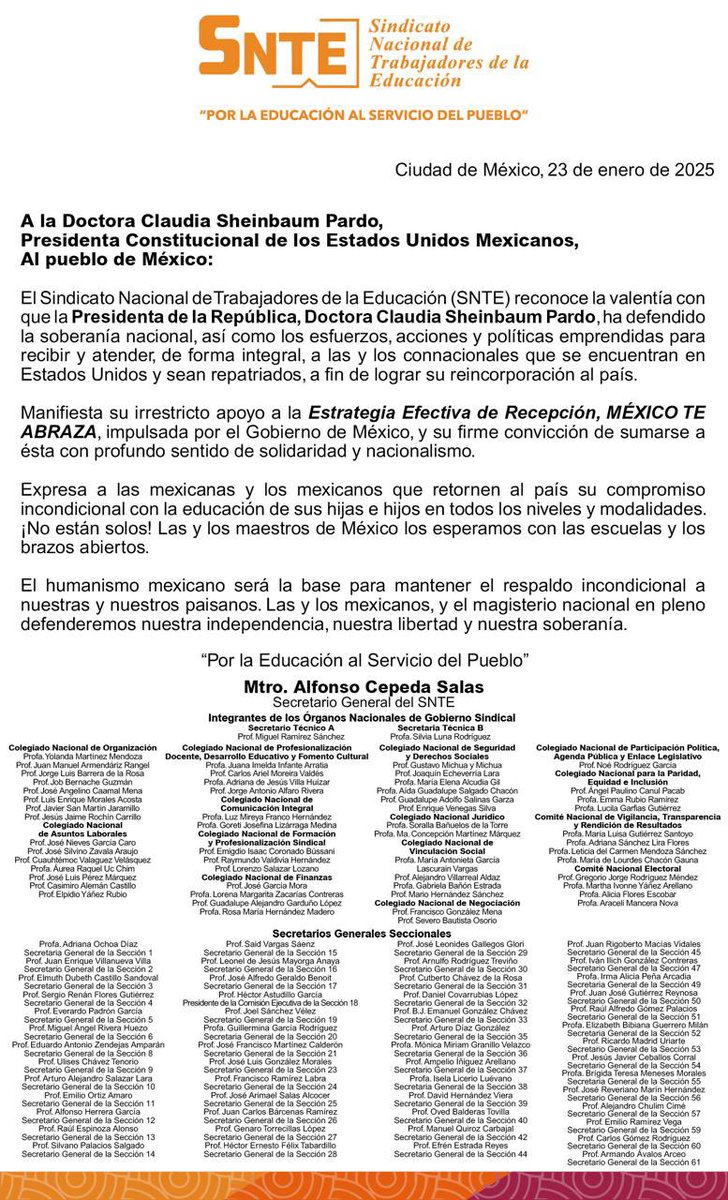 El #SNTE, dirigido por el Mtro. Alfonso Cepeda Salas, respalda la estrategia #MéxicoTeAbraza, ordenada por la Presidenta <a href="/Claudiashein/">Claudia Sheinbaum Pardo</a> para proteger a connacionales repatriados. ¡No están solos! Las y los maestros de México los esperamos con las escuelas y los brazos abiertos.