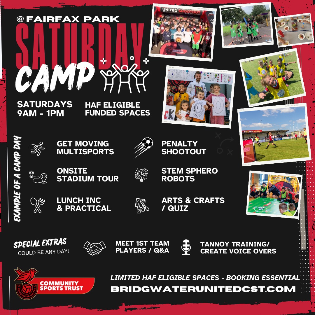 We're delighted to announce the continuation of our valuable partnership with SASP, enabling us to provide FREE spaces for children eligible for Free School Meals at our Saturday and February half-term camps.

bridgwaterunitedcst.com/free-camp-spac…