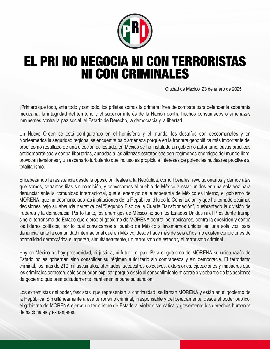 PRI_Nacional's tweet photo. El PRI no negocia ni con terroristas ni con criminales. https://t.co/uHuYpUu1R7