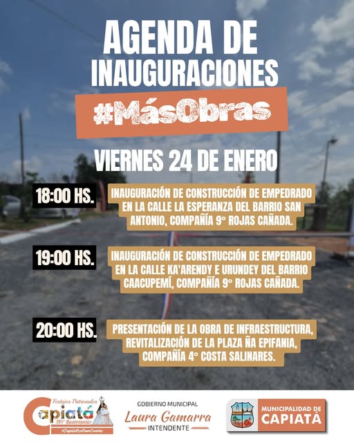 📷𝐍𝐔𝐄𝐕𝐎𝐒 𝐓𝐑𝐀𝐌𝐎𝐒 𝐃𝐄 𝐄𝐌𝐏𝐄𝐃𝐑𝐀𝐃𝐎𝐒

Este viernes se llevará a cabo la inauguración de nuevos tramos de empedrado en Capiatá.

¡𝐌𝐚́𝐬 𝐨𝐛𝐫𝐚𝐬, 𝐦𝐚́𝐬 𝐩𝐫𝐨𝐠𝐫𝐞𝐬𝐨 𝐩𝐚𝐫𝐚 𝐧𝐮𝐞𝐬𝐭𝐫𝐚 𝐜𝐢𝐮𝐝𝐚𝐝!

#𝐂𝐚𝐩𝐢𝐚𝐭𝐚́𝐏𝐨𝐫𝐁𝐮𝐞𝐧𝐂𝐚𝐦𝐢𝐧𝐨