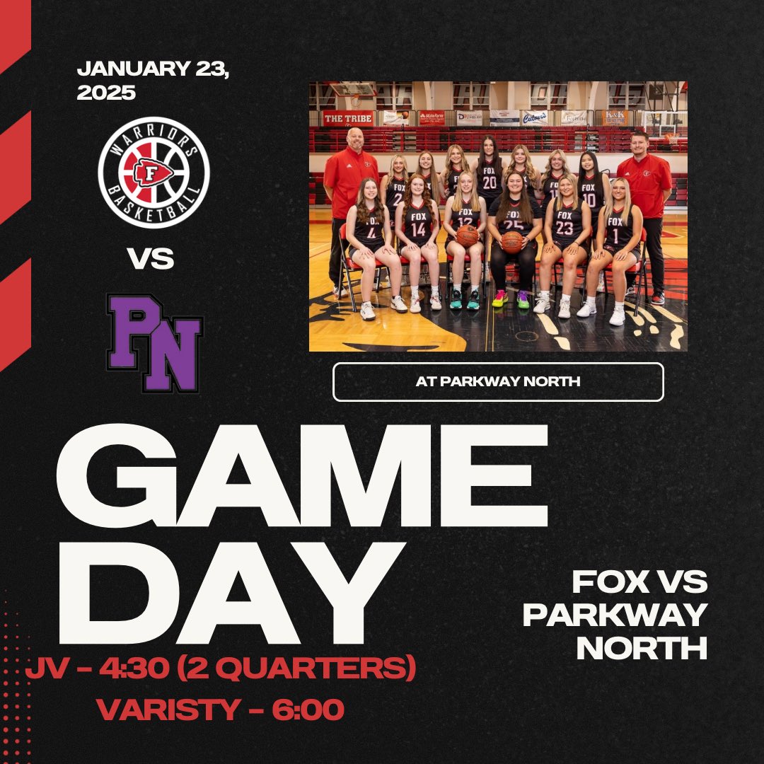 Fox Lady Warriors WBB ๐ (@foxgirlsbball1) on Twitter photo GAME DAY #13
Fox (3-9) vs Parkway North (12-3)
JV - 4:30 (2 quarters)
Varsity - 6:00
<a href="/STLhssports/">STLhighschoolsports</a> <a href="/GSV_STL/">Gateway Sports Venue</a> <a href="/FoxHSActivities/">Fox High School Activities</a> <a href="/CoachCoryRiley/">Cory Riley</a>
#ladywarriorsbasketball GAME DAY #13
Fox (3-9) vs Parkway North (12-3)
JV - 4:30 (2 quarters)
Varsity - 6:00
<a href="/STLhssports/">STLhighschoolsports</a> <a href="/GSV_STL/">Gateway Sports Venue</a> <a href="/FoxHSActivities/">Fox High School Activities</a> <a href="/CoachCoryRiley/">Cory Riley</a>
#ladywarriorsbasketball