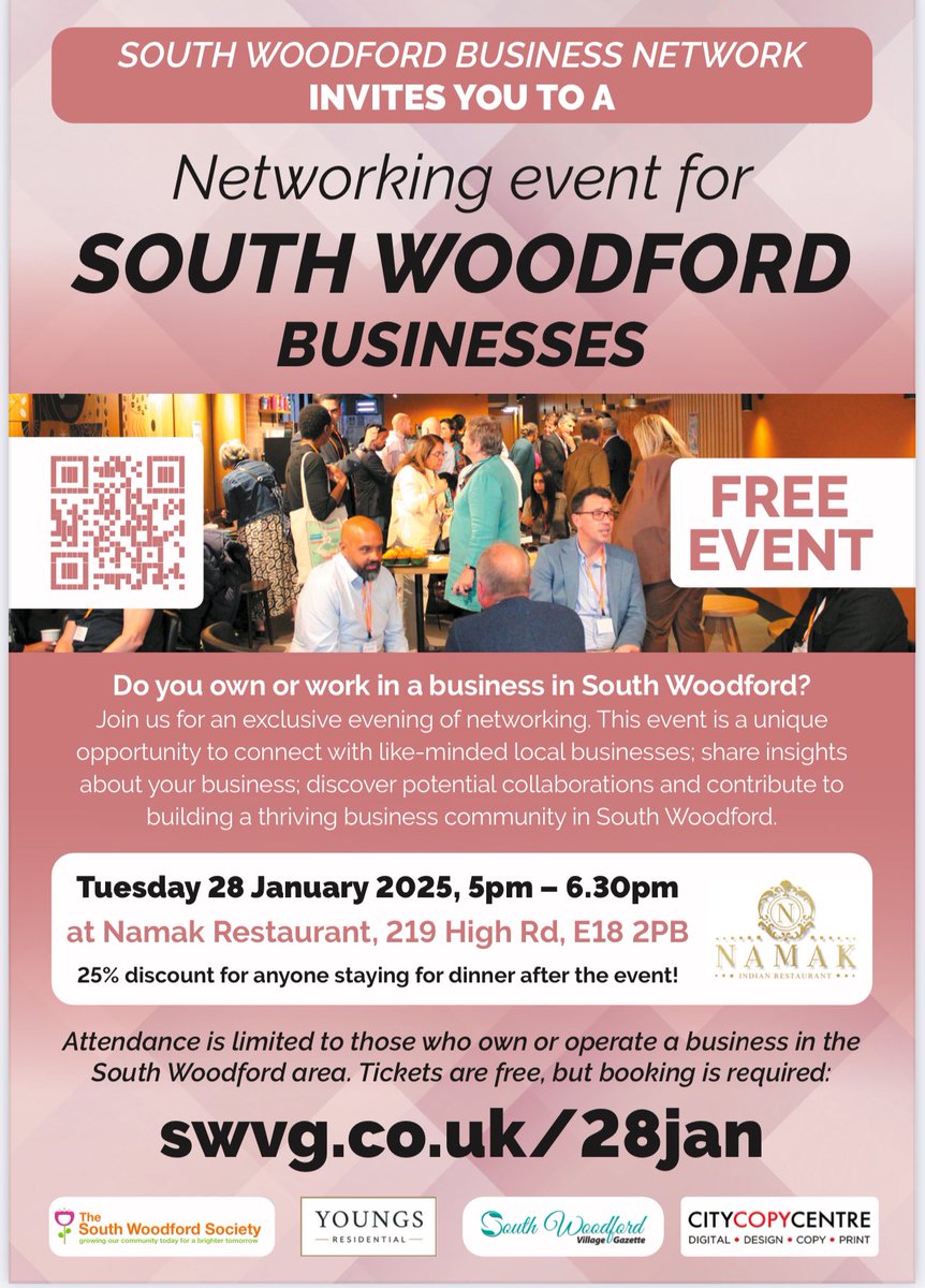 So excited that our next business networking event for #SouthWoodford business owners is next Tuesday at Namak restaurant. Tuesday 28th January 5-6.30pm. Registration essential <a href="/rajeshsuri52/">rajesh suri</a> <a href="/southwoodfordvg/">South Woodford Village Gazette</a> <a href="/pankp007/">Pank</a> <a href="/SouthWoodfordVP/">VentureSouthWoodford</a>