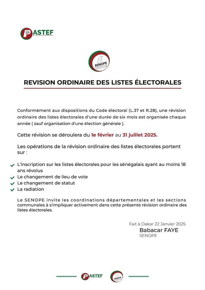 🚨 Révision ordinaire des listes électorales ! 

Pour tous ceux qui veulent 
✅ s’inscrire sur les listes électorales 
✅ changer de lieu de vote
✅ changer de statut 
✅ et la radiation 

La révision des listes démarrera le 1er février 2025 et durera 6 mois.