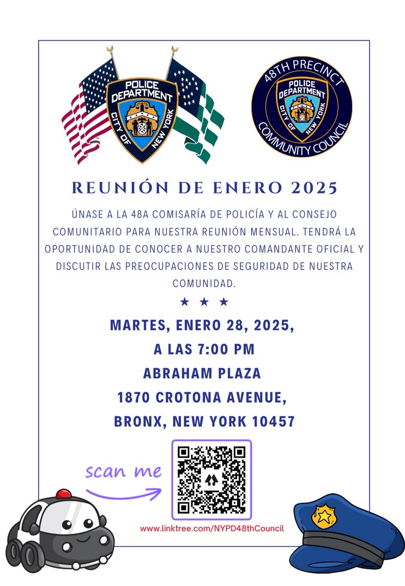 The 48th Precinct Community Council January 2025 meeting will be held on January 28, 2025, at 7 PM at the Abraham Plaza Apartments at 1870 Crotona Avenue. Please see the flyer for more details. Please invite and share with your networks in the community.

@nyp
