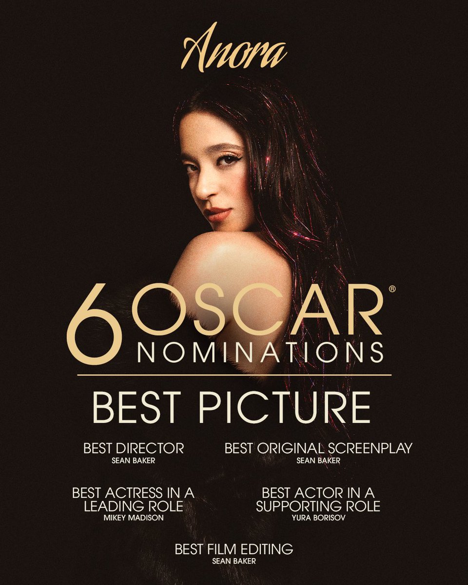 neonrated's tweet photo. ANORA has been nominated for 6 #Oscars including…

🏆 Best Picture
🏆 Best Director 
🏆 Best Original Screenplay
🏆 Best Editing
🏆 Best Actress in a Leading Role
🏆 Best Actor in a Supporting Role https://t.co/JrzWP1XUvM