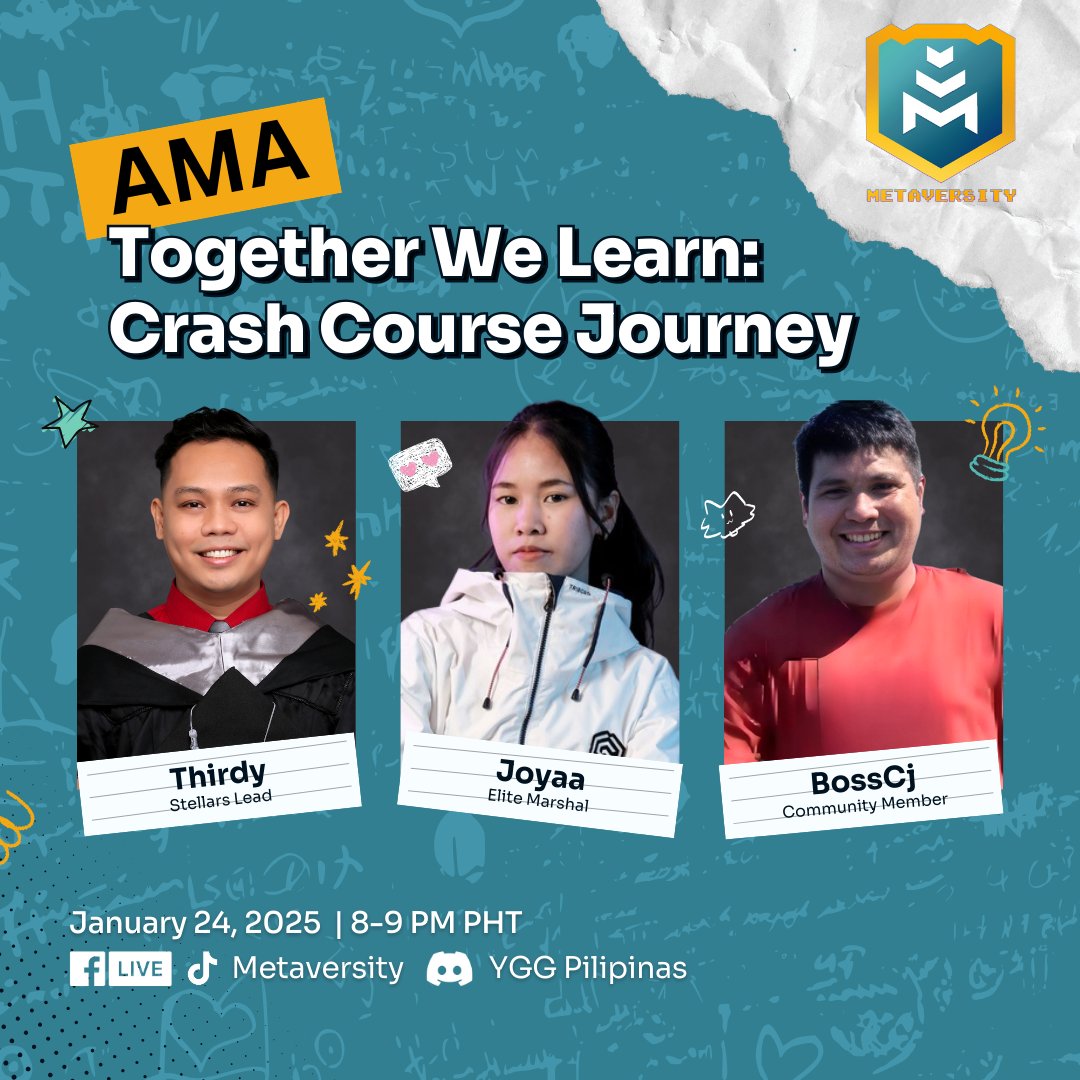 joinmetaversity's tweet photo. Want to know what it’s REALLY like to take our Crash Courses? Get the inside scoop directly from our learners! 🎓✨ 

Join us for a live AMA session, Together We Learn: Crash Course Journey ft. Thirdy, Joyaa, and BossCJ! 🚀 https://t.co/5DVpynzeEQ