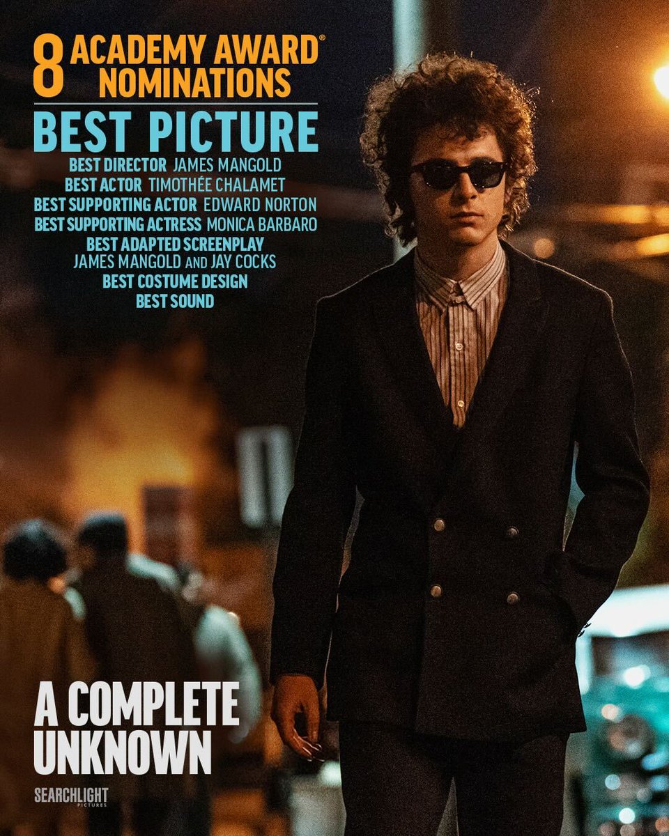 Searchlight Pictures (@searchlightpics) on Twitter photo A COMPLETE UNKNOWN has been nominated for 8 Academy Awards® including Best Picture, Best Actor, Best Director, Best Supporting Actor and Best Supporting Actress! <a href="/TheAcademy/">The Academy</a> #ACompleteUnknown #Oscars A COMPLETE UNKNOWN has been nominated for 8 Academy Awards® including Best Picture, Best Actor, Best Director, Best Supporting Actor and Best Supporting Actress! <a href="/TheAcademy/">The Academy</a> #ACompleteUnknown #Oscars