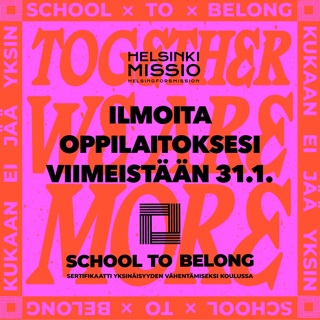 Ilmoita oppilaitoksesi mukaan vähentämään yksinäisyyttä 💪

Ilmoittautuminen School to Belong -ohjelmaan lukuvuodelle 2025-26 päättyy perjantaina 31.1. Vielä ehdit mukaan: helsinkimissio.fi/schooltobelong…

#yksinäisyys #schooltobelong