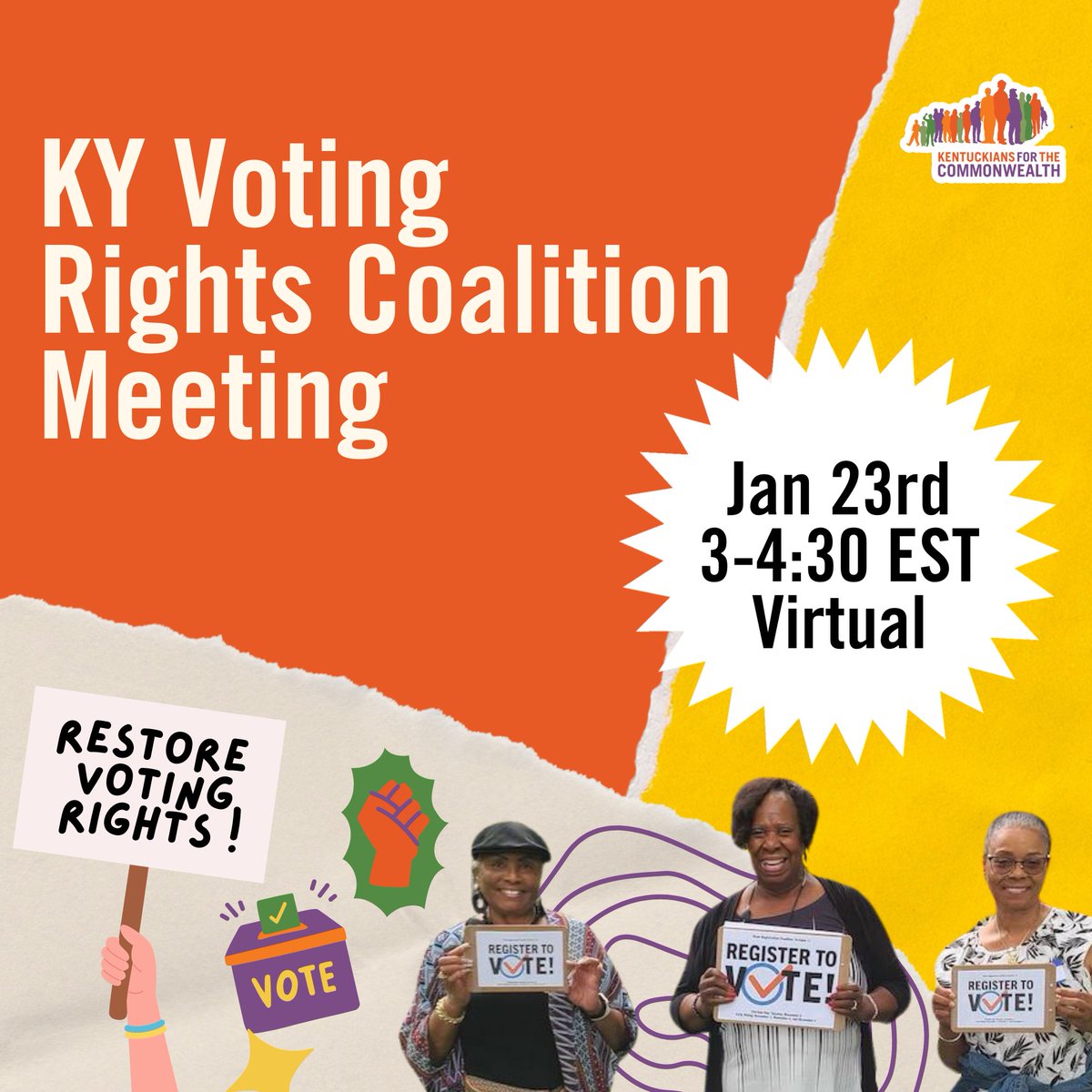 Join the KY Voting Rights Coalition on Jan 23rd at 3 PM! Let’s unite to restore voting rights for ALL Kentuckians, especially our friends with felonies. Together, we’ll craft powerful strategies &amp; plan exciting events! Sign up now: bit.ly/3xFgQh3
