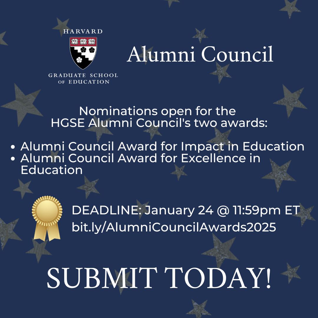 hgse_alumni's tweet image. Submit your HGSE Alumni Council Award nominations by TOMORROW! More info and nomination form here: bit.ly/AlumniCouncilA… #hgse #hgsealumni #harvardeducation