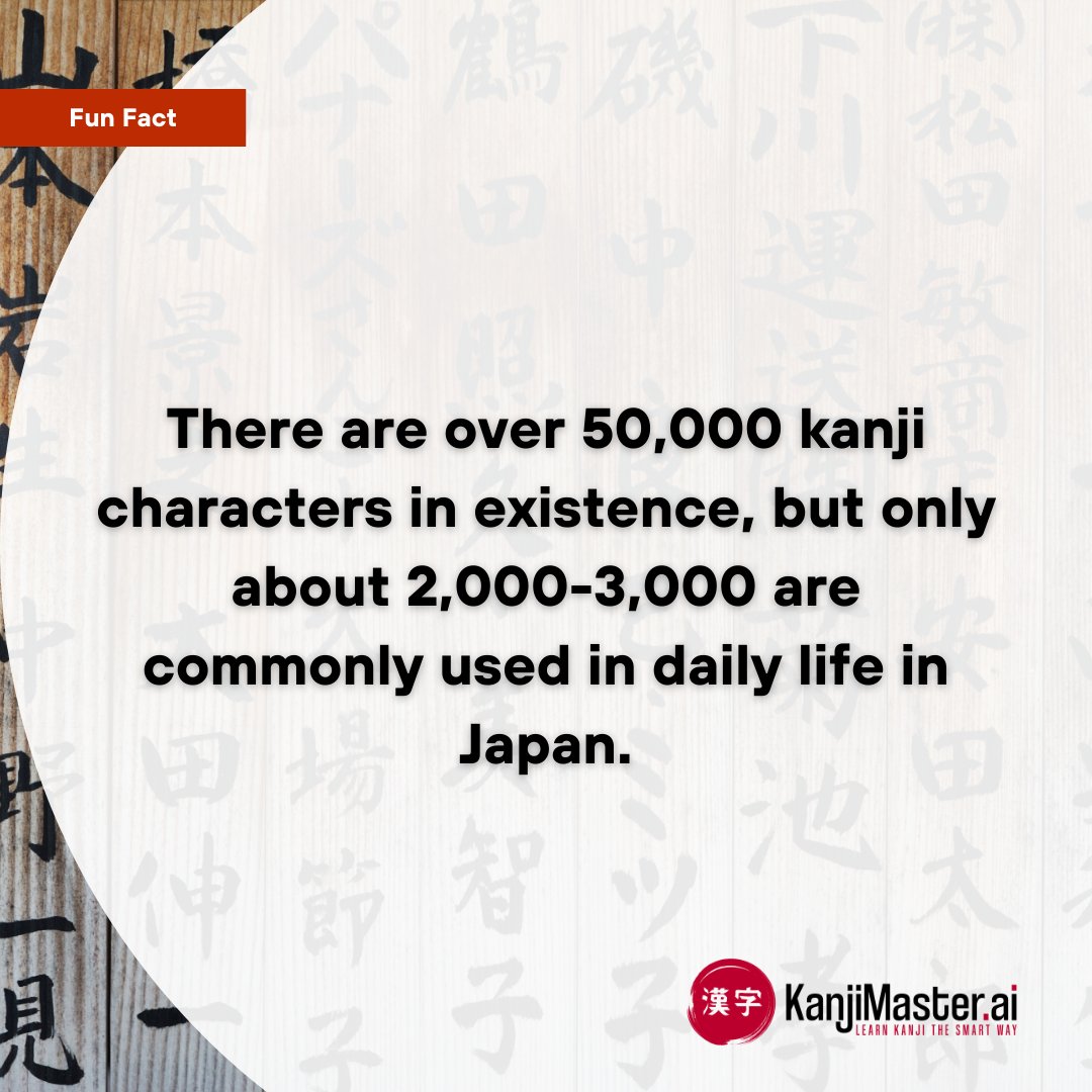 Did you know? Of 50,000+ kanji characters, only ~2-3k are used daily in Japan. Focus on learning the most common ones first! 📚 #Learnjapanese