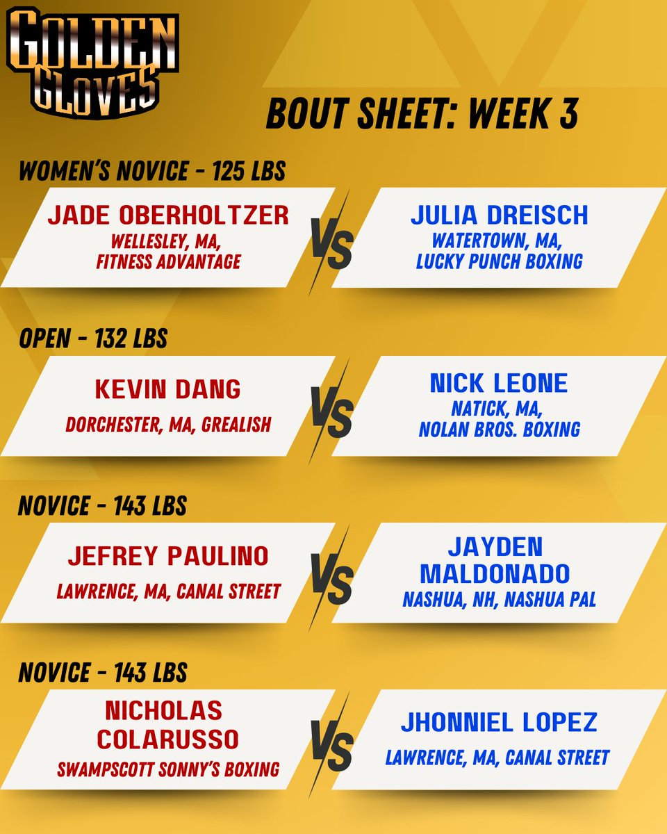 🥊Thursday Night = Fight NIGHT! 

Check out The Lowell Golden Gloves Bout sheet for week 3! 
First Bout starts at 7:30 tonight at Lowell Memorial Auditorium.

Buy your tickets now!
*Buy directly from Spectacle Live, Lowell Memorial Auditorium, or Etix to avoid scams.