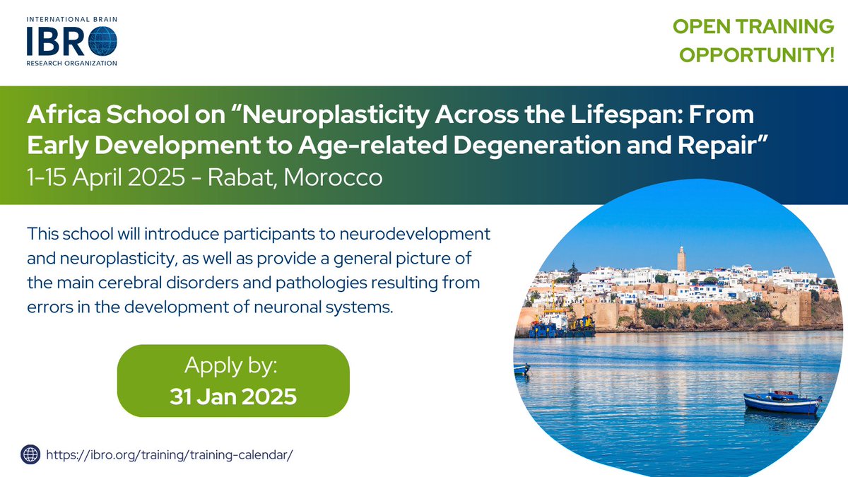 IBRO - International Brain Research Organization (@ibroorg) on Twitter photo If you are into #neurodevelopment and #neuroplasticity, don’t forget to check out this exciting #training opportunity in Rabat, Morocco! 🇲🇦
Applications are open until 31 Jan 2025: ow.ly/cT0t50UJtt5
<a href="/SONAorg/">SONA</a> <a href="/Deleyele/">Victor Owoyele</a> <a href="/Tom_DAT/">Tom Tagoe</a> <a href="/ElfarrashSara/">Sara Elfarrash</a> <a href="/ElKadmiri5/">El Kadmiri Nadia</a> If you are into #neurodevelopment and #neuroplasticity, don’t forget to check out this exciting #training opportunity in Rabat, Morocco! 🇲🇦
Applications are open until 31 Jan 2025: ow.ly/cT0t50UJtt5
<a href="/SONAorg/">SONA</a> <a href="/Deleyele/">Victor Owoyele</a> <a href="/Tom_DAT/">Tom Tagoe</a> <a href="/ElfarrashSara/">Sara Elfarrash</a> <a href="/ElKadmiri5/">El Kadmiri Nadia</a>