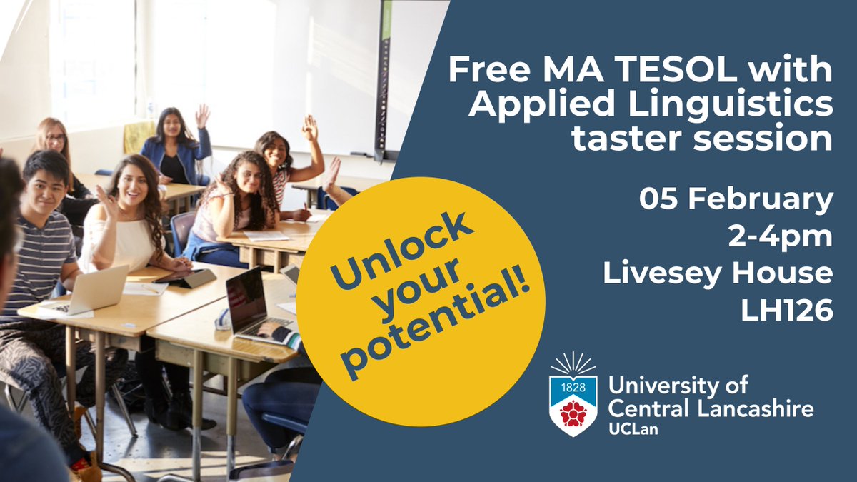 Are you passionate about teaching English &amp; ready to take your skills to the next level?
Don’t miss our free taster session to explore MA TESOL &amp; Applied Linguistics. 

📅 Wednesday 05 February
⏲️ 2PM - 4PM GMT
🏛️ Livesey House 126

Book your free place 👇
ow.ly/s2tu50UK1KF