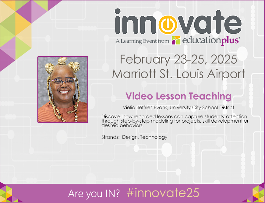 Don't miss the #innovate25 session "Video Lesson Teaching" with Dr. Vielia Jeffries-Evans from <a href="/UCitySchools/">UCity Schools</a>! Learn to create #YouTube lesson demos, practice with simple tools and support diverse learners while optimizing teaching time.
Details at edplus.org/innovate.
#EdPlus