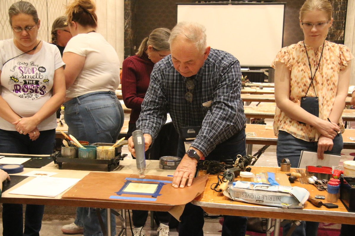ProjectApism's tweet photo. At #ABF2025, attendees joined an inspiring Encaustic Painting Workshop with George Hansen, PAm Vice-Chair and artist. This hands-on event celebrated bees' role in art and ecology. ๐๐จ #ProjectApisM #HoneyBeeHealth https://t.co/R3Gz8UR8aC