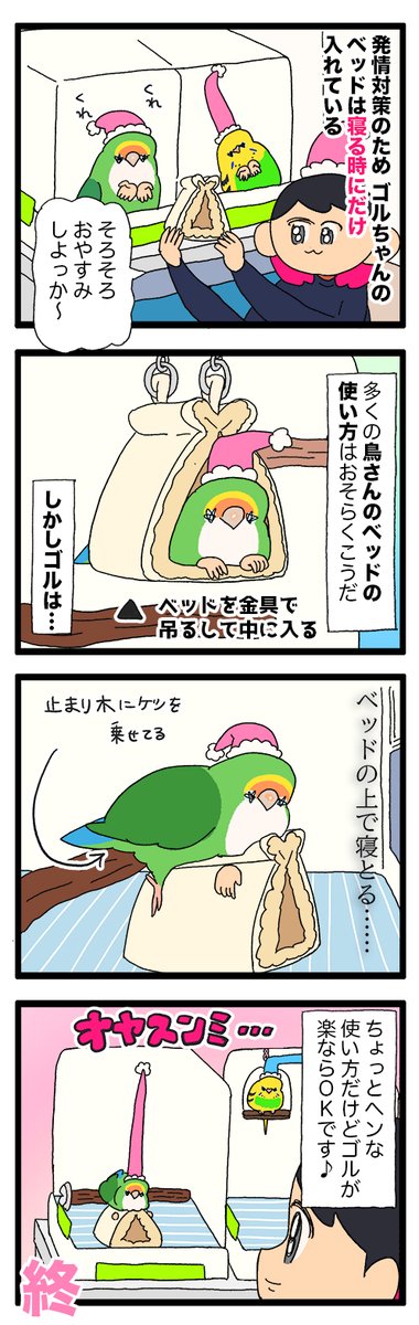 ゴルちゃん、バードベッドでなんだか独特な寝方してる🧐

2016 #えるポピの絵日記かくところ 