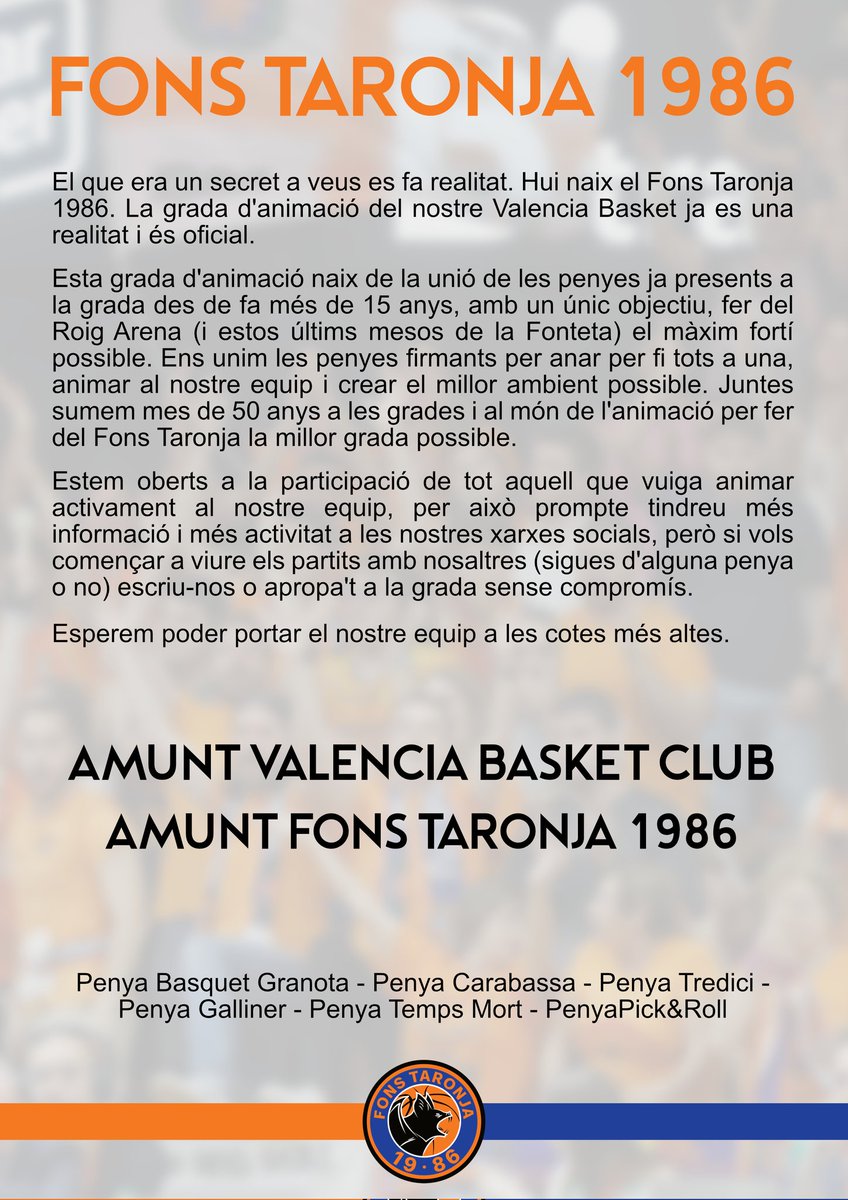 fonstaronja1986's tweet photo. Hui naix el Fons Taronja 1986 de ma de les penyes firmants. Donem eixida a un nou model d'animació al nostre @valenciabasket
----------------
Hoy nace el Fons Taronja 1986 de mano de las peñas firmantes. Damos salida a un nuevo modelo de animación de nuestro Valencia Basket Club. https://t.co/w113WPlSfs
