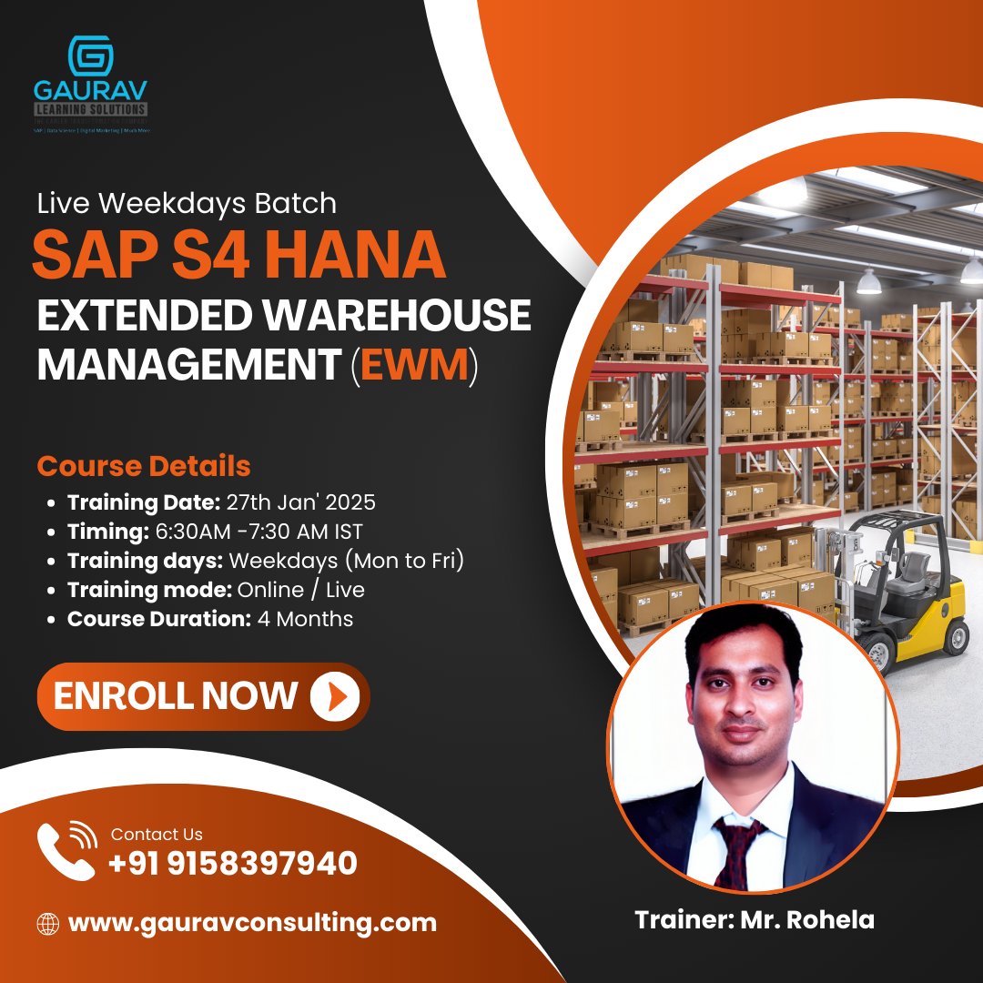 saphanacourses's tweet image. 🚨 New SAP EWM Live Training Batch – Enroll Now! 🚨

🔹 Start Date: 27th January 2025
🔹 Schedule: 6:30 AM - 7:30 AM IST, Monday to Friday
🔹 Mode: Online
🔹 Instructor: Mr. Rohela
🔹 Duration: 4 Months

🔗 Register Here: gauravconsulting.com/product-page/s…

#LearnSAP #SAPTraining #SAP
