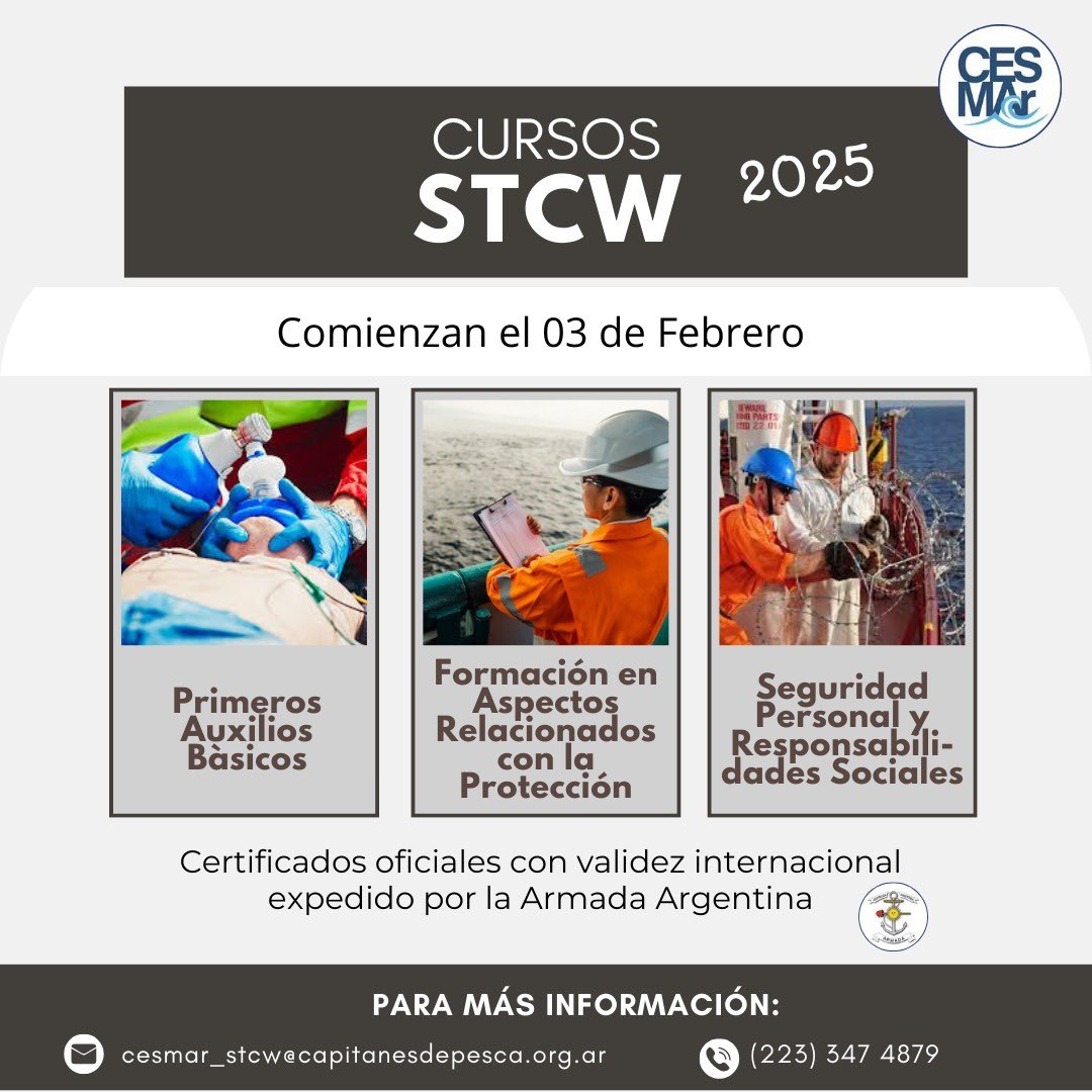 CESMAr_Capacita's tweet photo. Te compartimos las fechas de los cursos STCW de Febrero 2025.
Los cursos STCW son programas de formación y certificación establecidos por la OMI para garantizar la seguridad y competencia de los marinos en buques comerciales.
#aacpypp #stcw #stcwtraining #capacitacion https://t.co/p7u1H6MDjf
