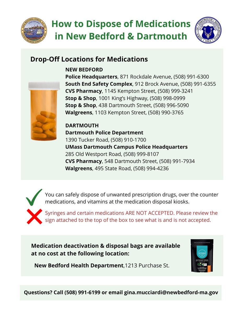 Help keep children, pets, and everyone safe by properly disposing of medications.  This flyer has information about how to dispose of these items correctly and safely. New Bedford Health Department is offering free medication deactivation &amp; disposal bags, while supplies last.