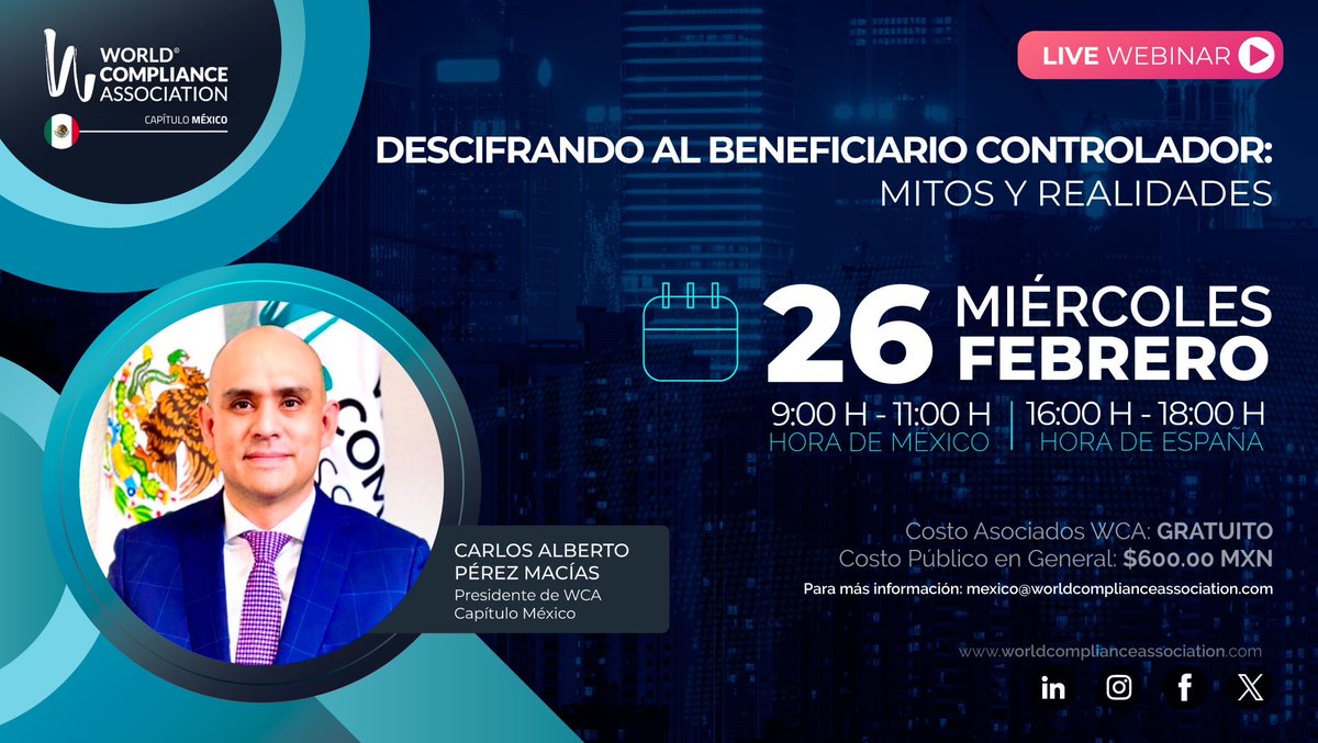 CarlosAPrez9's tweet photo. Los invito a unirse a mi curso "Descifrando al Beneficiario Controlador: Mitos y Realidades",  en @worldcompl 🇲🇽.

Aquí les comparto la liga para conocer mas detalles e inscripción

https://t.co/wf7or0QiYv

#beneficiariocontrolador #gestión #curso hashtag #wcamexico #desarrollo https://t.co/WOtpPLcYER
