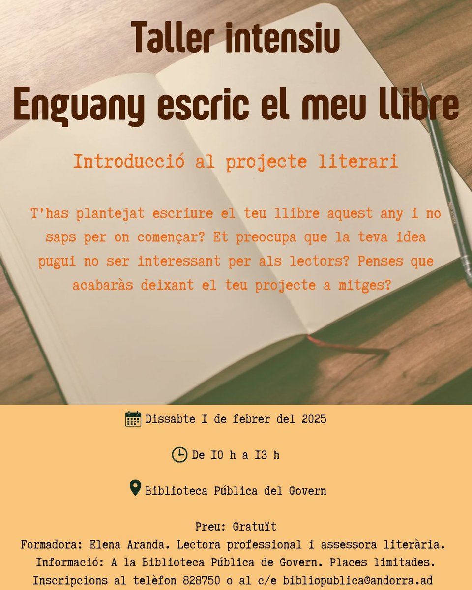 BibpubAndorra's tweet photo. 📢 2a edició del Taller intensiu d'escriptura per abordar temes que t'ajudaran a conèixer la teva capacitat com a escriptor/a i la millor manera d'organitzar-te.
Correu que les places volen! 🏃🏃
@GovernAndorra @elenaranda https://t.co/d7cDZi0NdB