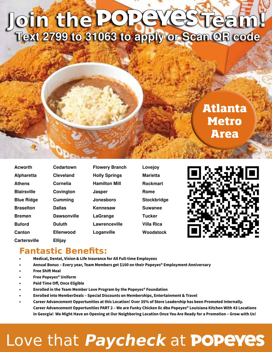 FunkyChickenATL's tweet image. 🚨 Join the Popeyes Family in the ATL Metro Area! 🚨 We&apos;re hiring General Managers. The Funky Chicken 🐔 is a franchisee with over 40 locations. If interested: workstream.us/j/74bf9108/pop…