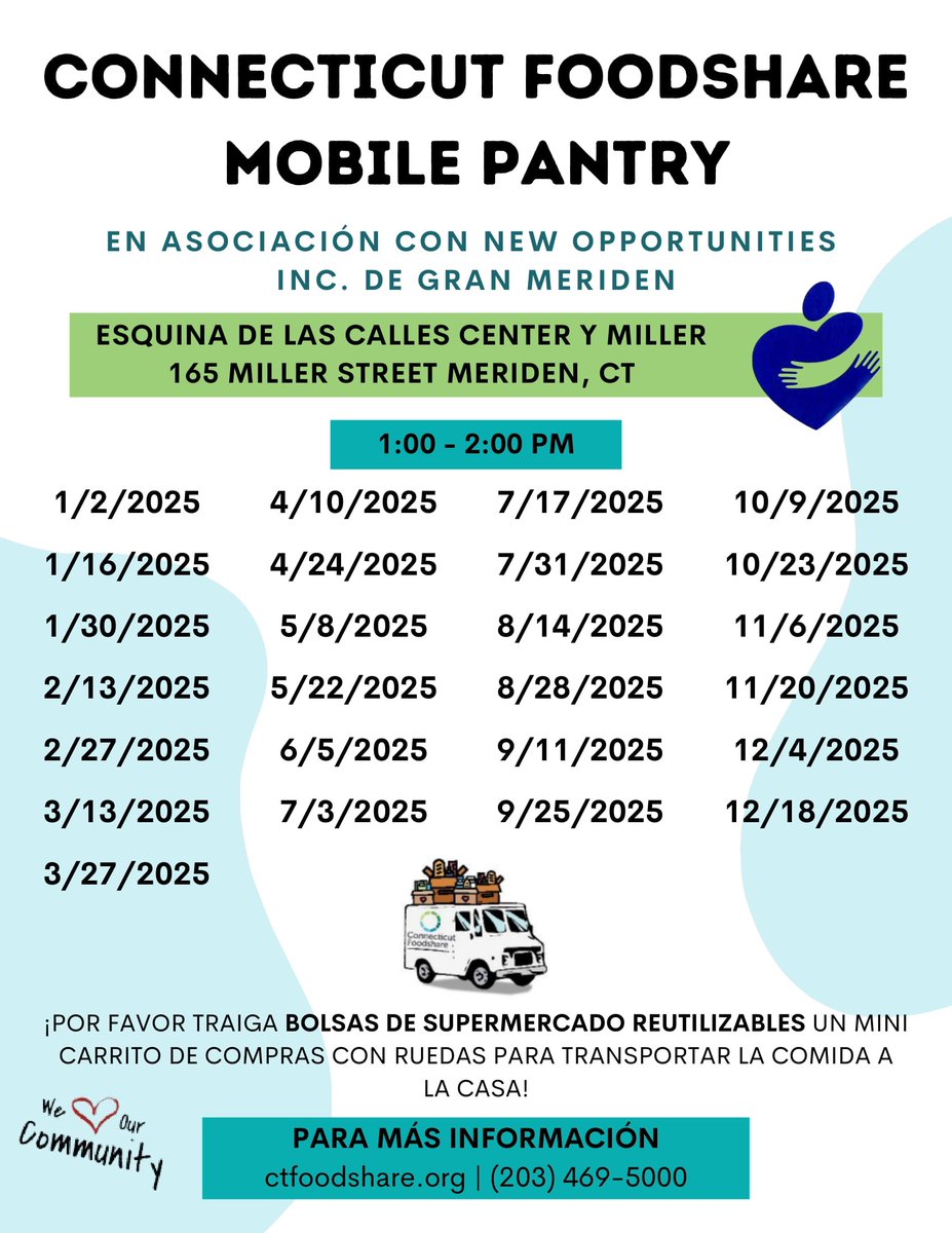 If you or some you know are experiencing food insecurity, the good folks at <a href="/CTFoodshare/">Connecticut Foodshare</a> can help.

Attached is their 2025 mobile food pantry calendar, which lists scheduled visits to #Meriden.