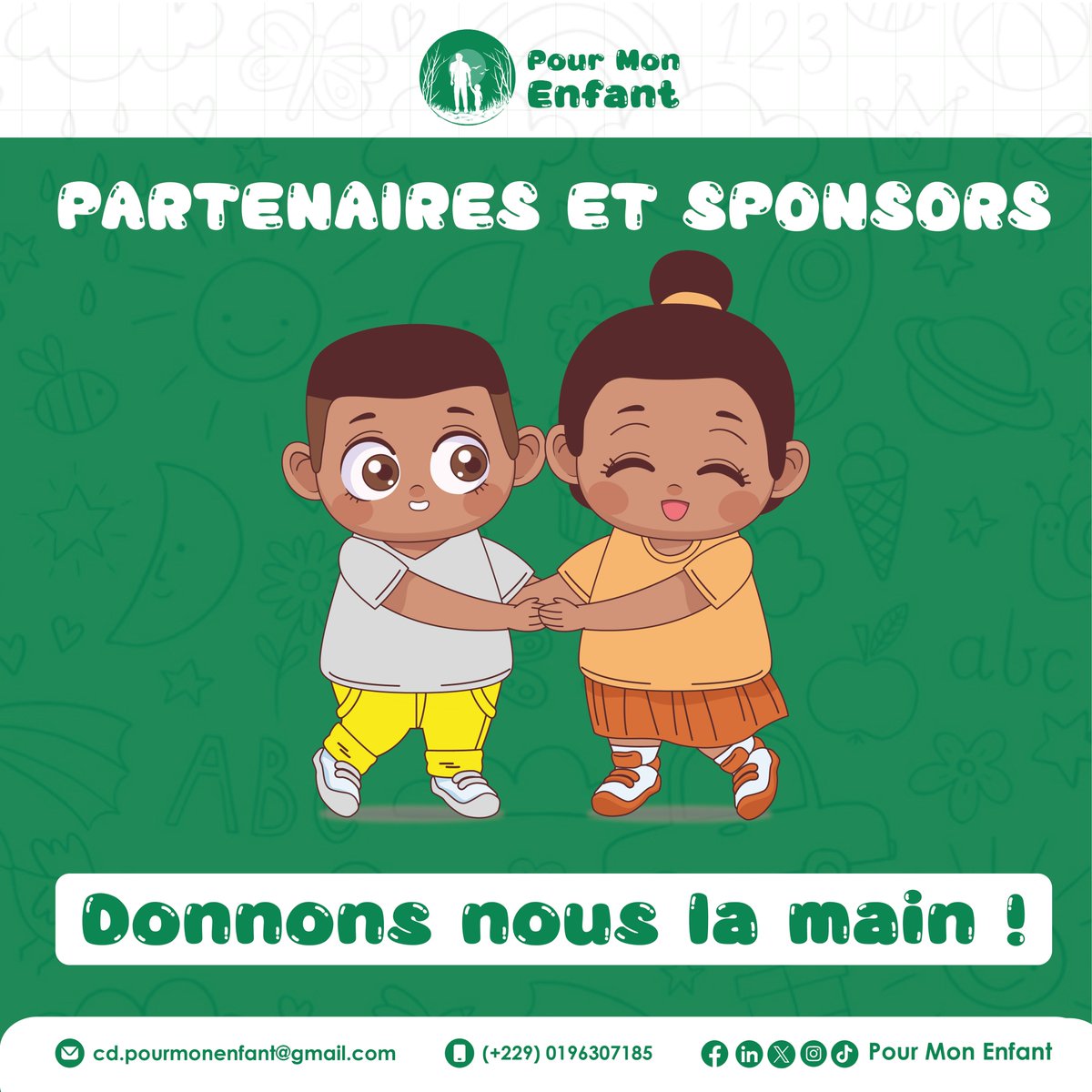 Soutenez la cause des enfants avec nous !

Donnons-nous la main en remplissant ce formulaire : kloo.me/pourmonenfant-…. 

Ou contactez nous au +229 0196307185 !

#Pourmonenfant229
#campagnedigitalepourmonenfant