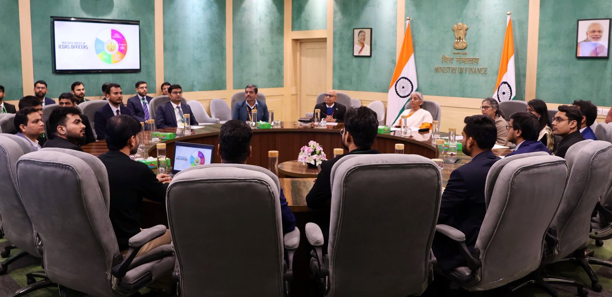 FinMinIndia's tweet photo. Union Minister of Finance and Corporate Affairs Smt. @nsitharaman interacts with Indian Cost Accounts Service #ICoAS probationers of the 2023 Batch in New Delhi, today.

The young officer probationers are currently undergoing on the job training at various Ministries/Departments of the Government of India.