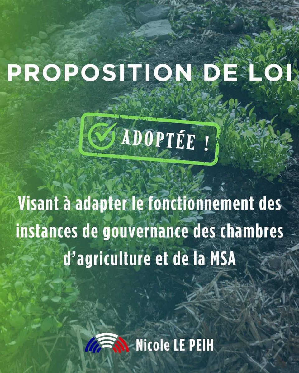 Nicole Le Peih (@nicolelepeih) on Twitter photo ✅ Adoption de la proposition de loi pour une démocratie agricole renforcée 🌾
Ce texte pragmatique modernise et simplifie le fonctionnement des éléctions de <a href="/ChambagriFrance/">Chambres d'agriculture France</a> et de la MSA.
👏 Merci à la ministre <a href="/AnnieGenevard/">Annie Genevard</a> et à tous les partenaires mobilisés. ✅ Adoption de la proposition de loi pour une démocratie agricole renforcée 🌾
Ce texte pragmatique modernise et simplifie le fonctionnement des éléctions de <a href="/ChambagriFrance/">Chambres d'agriculture France</a> et de la MSA.
👏 Merci à la ministre <a href="/AnnieGenevard/">Annie Genevard</a> et à tous les partenaires mobilisés.