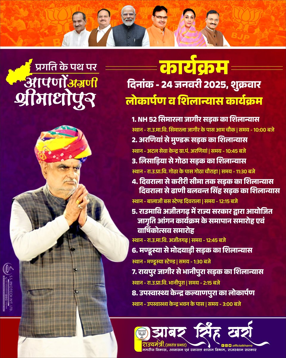 officialkharra's tweet photo. कल दिनांक 24 जनवरी को मेरी गृह विधानसभा क्षेत्र श्रीमाधोपुर में आयोजित होने वाले विभिन्न शिलान्यास एवं लोकार्पण कार्यकमों में सहभागिता हेतु आप सभी स्नेहीजनों के मध्य उपस्थित रहूंगा।

आइए आपणों अग्रणी श्रीमाधोपुर की संकल्पना की सिद्धि हेतु साथ चलें। https://t.co/Ef9N5YLhEx