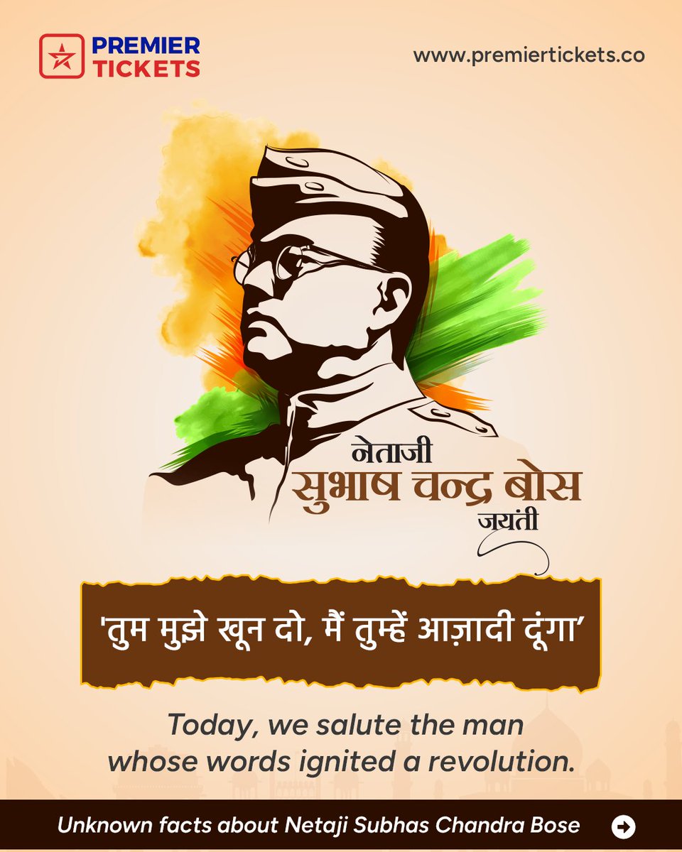 Remembering the hero who gave us the courage to dream of freedom. Saluting Netaji Subhas Chandra Bose on his Jayanti! 

#NetajiSubhasChandraBose #JaiHind #IndianFreedomFighter #HeroOfTheNation #RememberingNetaji #premiertickets